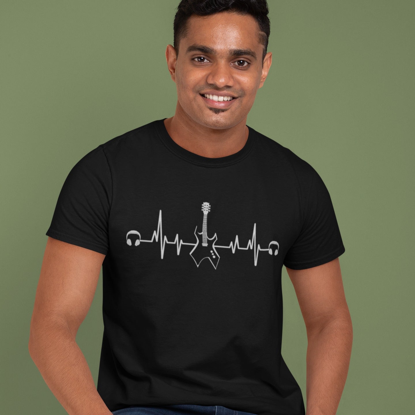A sleek graphic design depicts a white electrocardiogram (ECG) heartbeat line flowing horizontally, with a black electric guitar, featuring  white fretboard details, integrated seamlessly into its central peak. White over-ear headphones are positioned at each end of the heartbeat line, all set against a solid black background. This illustration stylishly connects the passion for music with the rhythm of life.
