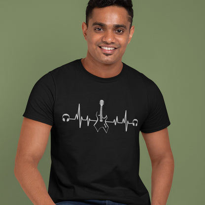 A sleek graphic design depicts a white electrocardiogram (ECG) heartbeat line flowing horizontally, with a black electric guitar, featuring  white fretboard details, integrated seamlessly into its central peak. White over-ear headphones are positioned at each end of the heartbeat line, all set against a solid black background. This illustration stylishly connects the passion for music with the rhythm of life.