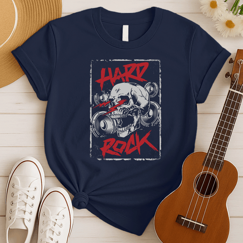 A light grey background features a prominent, light grey, translucent human skull centered. In front of the skull, three distressed red jagged lightning bolts or sound waves are displayed. Distressed red text at the top reads "HARD" and at the bottom, "ROCK". Faint outlines of speakers or audio equipment are visible in the background. The design embodies a powerful hard rock music theme.