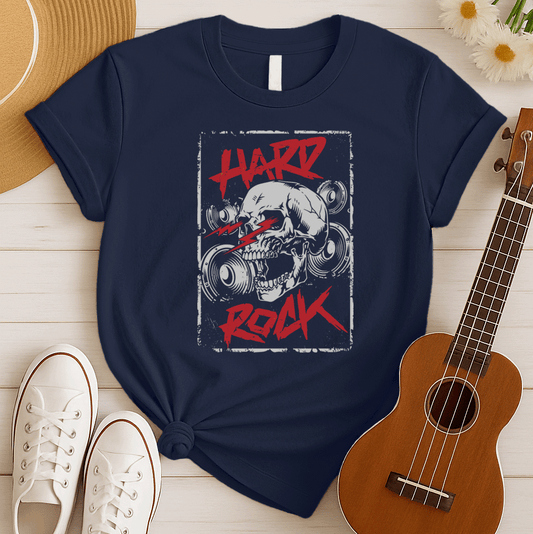 A light grey background features a prominent, light grey, translucent human skull centered. In front of the skull, three distressed red jagged lightning bolts or sound waves are displayed. Distressed red text at the top reads "HARD" and at the bottom, "ROCK". Faint outlines of speakers or audio equipment are visible in the background. The design embodies a powerful hard rock music theme.