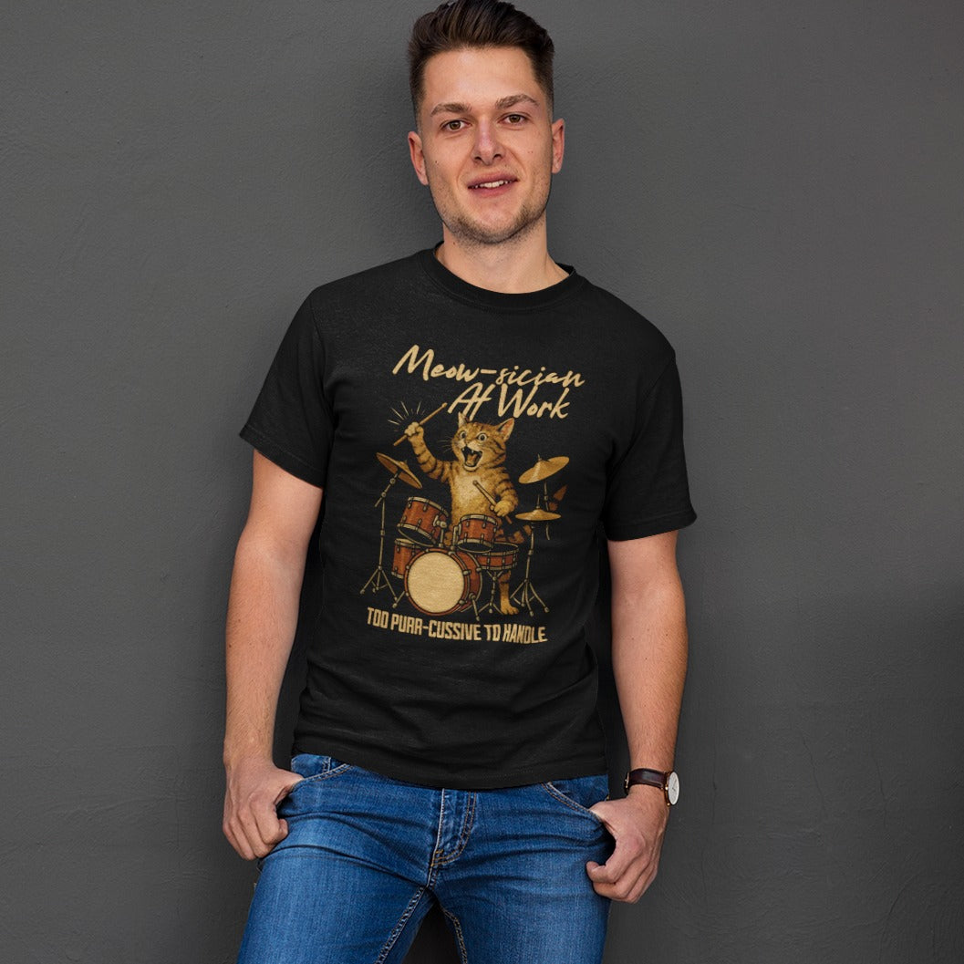 Meow-sician at Work | Funny Cat Drummer Tshirt