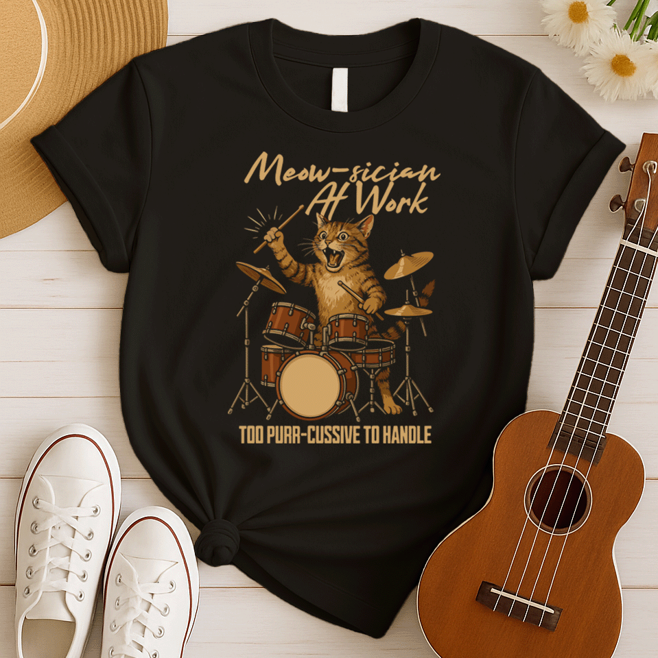 Meow-sician at Work | Funny Cat Drummer Tshirt