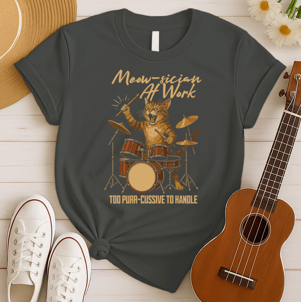 Meow-sician at Work | Funny Cat Drummer Tshirt