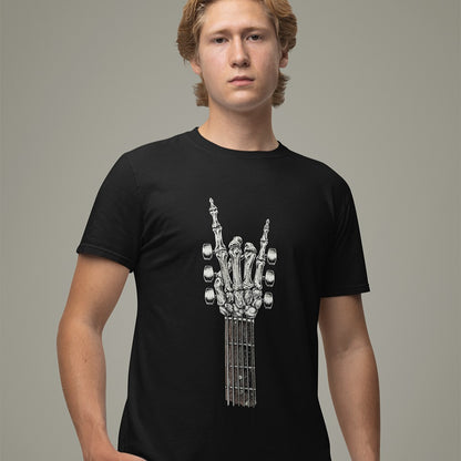 A bold graphic design depicts a skeletal hand forming the classic "rock and roll" sign, with the index and pinky fingers extended upwards, and the thumb holding down the middle two fingers. The hand, rendered in a detailed bone-like texture with shades of white and gray, is positioned at the top of a guitar fretboard, which features brown and white frets and tuning pegs on either side. This powerful image symbolizes the enduring spirit of rock music and its connection to the eternal nature of this genre.