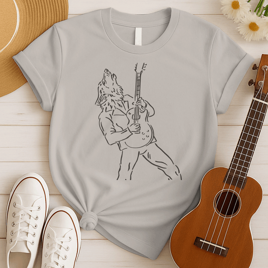 A minimalist line art graphic depicts a howling werewolf, outlined in light grey, powerfully playing an electric guitar. The werewolf is shown from the waist up, wearing a jacket, with its head thrown back in a howl and its hands gripping the guitar. The entire design captures the raw energy of rock music and a primal connection to the wild.