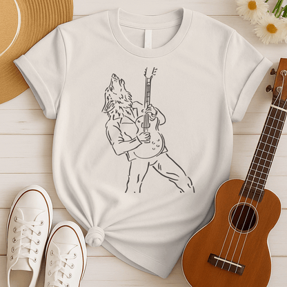 A minimalist line art graphic depicts a howling werewolf, outlined in light grey, powerfully playing an electric guitar. The werewolf is shown from the waist up, wearing a jacket, with its head thrown back in a howl and its hands gripping the guitar. The entire design captures the raw energy of rock music and a primal connection to the wild.