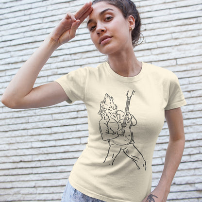 A minimalist line art graphic depicts a howling werewolf, outlined in light grey, powerfully playing an electric guitar. The werewolf is shown from the waist up, wearing a jacket, with its head thrown back in a howl and its hands gripping the guitar. The entire design captures the raw energy of rock music and a primal connection to the wild.
