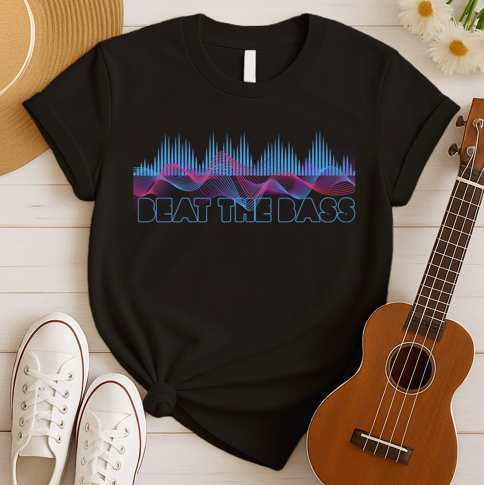 A vibrant graphic design features dynamic pink and blue sound waves undulating across a black background, interspersed with vertical blue equalizer bars that rise and fall. Below these auditory visuals, the phrase "BEAT THE BASS" is rendered in bold, outlined blue text. This energetic composition visually represents powerful bass music and electronic sound.