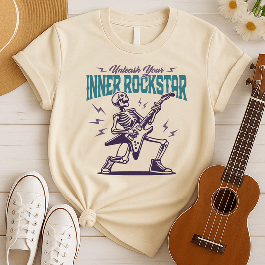 Skeleton playing an electric guitar with the text "Unleash Your INNER ROCKSTAR" in a bold, dynamic graphic style.