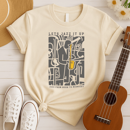 Stylized jazz music design featuring a vibrant yellow saxophone played by a silhouetted jazz musician against a dark, abstract background of musical instruments. Text reads "LETS JAZZ IT UP" and "JAZZ FROM NOON TO MIDNIGHT." Ideal for jazz enthusiasts and music lovers.