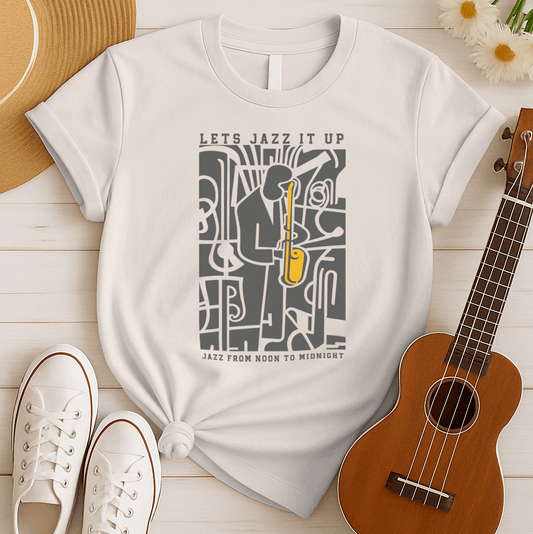 Stylized jazz music design featuring a vibrant yellow saxophone played by a silhouetted jazz musician against a dark, abstract background of musical instruments. Text reads "LETS JAZZ IT UP" and "JAZZ FROM NOON TO MIDNIGHT." Ideal for jazz enthusiasts and music lovers.