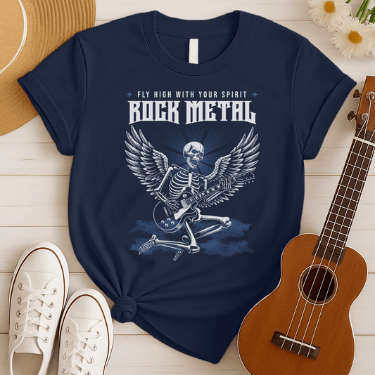 Dynamic graphic of a white skeleton with large feathered wings, passionately playing a rock electric guitar. The skull glows with blue light from behind. Text above reads "FLY HIGH WITH YOUR SPIRIT" and large bold text below the skull reads "ROCK METAL". The design is set against a dark background with blue smoky effects, ideal for heavy metal fans, rock music lovers, and guitarists.
