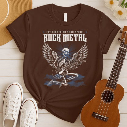 Dynamic graphic of a white skeleton with large feathered wings, passionately playing a rock electric guitar. The skull glows with blue light from behind. Text above reads "FLY HIGH WITH YOUR SPIRIT" and large bold text below the skull reads "ROCK METAL". The design is set against a dark background with blue smoky effects, ideal for heavy metal fans, rock music lovers, and guitarists.