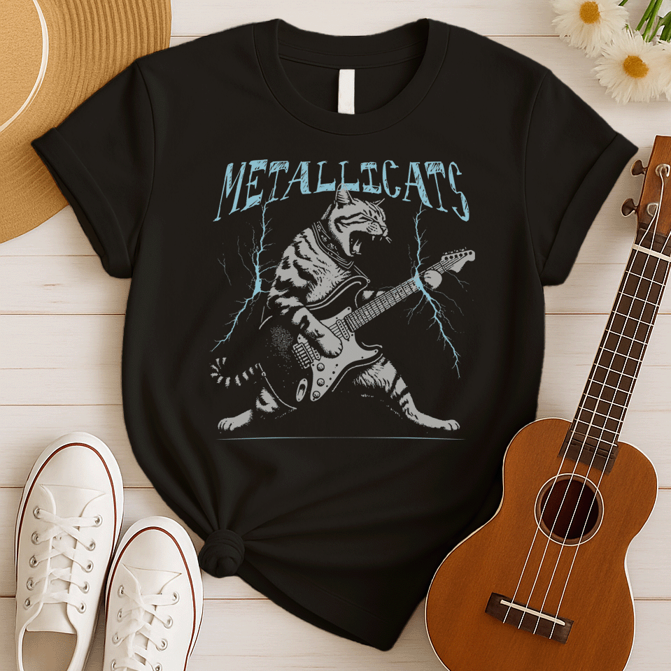 Dynamic graphic of a gray striped tabby cat with its mouth open, appearing to roar, passionately playing a black and white electric guitar. Blue lightning bolts emanate from the guitar. Text above reads "METALLICATS". The cat wears a studded collar. Ideal for heavy metal fans, rock music lovers, guitarists, and cat lovers.