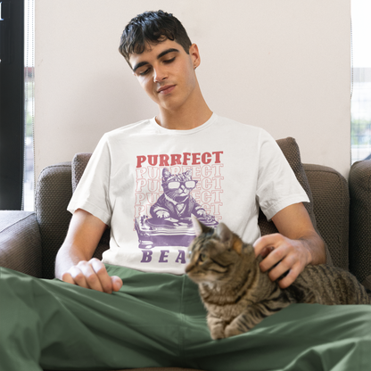 Stylized graphic of a cool purple cat wearing sunglasses and a suit jacket, confidently scratching on a large DJ turntable. Red text repeats "PURRFECT" in the background, and large purple text below reads "BEATS". The design embodies DJ culture, electronic music, and a humorous feline twist, ideal for DJs, cat lovers, and music enthusiasts.