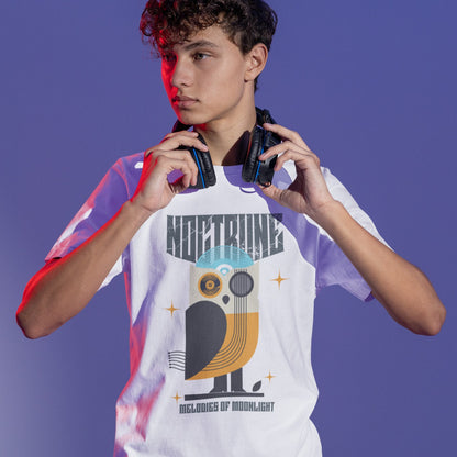 Stylized owl design made from vinyl records and musical instruments, with a blue record forming the head and orange feathers. Features sparkles and the words "NOCTURNE" and "MELODIES OF MOONLIGHT." This music-themed art is ideal for music lovers, retro music fans, and night owl enthusiasts.