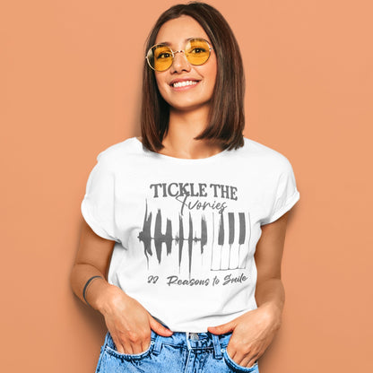 A light background features a graphic with a jagged sound wave transitioning into a set of classic piano keys in dark grey. Below the graphic, dark grey text reads "88 Reasons to Smile". The design prominently features text at the top, "TICKLE THE Ivories". This image symbolizes the joy of music, piano playing, and musical happiness, ideal for pianists and music enthusiasts.