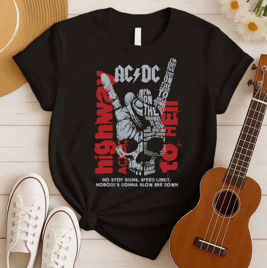 A dark green background with distressed red splatters features a large, faded grey/white illustration of a hand making the "rock on" (devil horns) gesture. The stylized AC/DC logo is at the top. Within and around the hand, various distressed red and grey texts display lyrics from "Highway to Hell," including the repeated phrase "I'M ON THE HIGHWAY TO HELL" and "NO STOP SIGNS, SPEED LIMIT, NOBODY'S GONNA SLOW ME DOWN". The design is a powerful tribute to AC/DC, rock music, and a rebellious attitude.