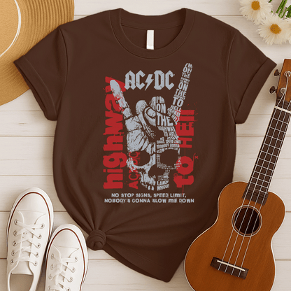 A dark green background with distressed red splatters features a large, faded grey/white illustration of a hand making the "rock on" (devil horns) gesture. The stylized AC/DC logo is at the top. Within and around the hand, various distressed red and grey texts display lyrics from "Highway to Hell," including the repeated phrase "I'M ON THE HIGHWAY TO HELL" and "NO STOP SIGNS, SPEED LIMIT, NOBODY'S GONNA SLOW ME DOWN". The design is a powerful tribute to AC/DC, rock music, and a rebellious attitude.