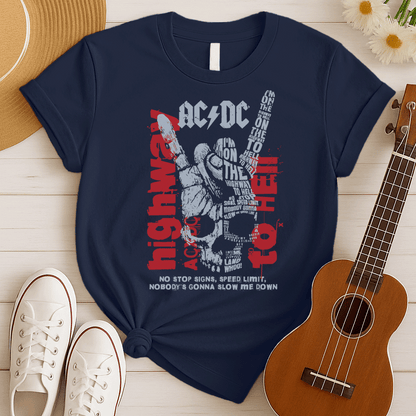 A dark green background with distressed red splatters features a large, faded grey/white illustration of a hand making the "rock on" (devil horns) gesture. The stylized AC/DC logo is at the top. Within and around the hand, various distressed red and grey texts display lyrics from "Highway to Hell," including the repeated phrase "I'M ON THE HIGHWAY TO HELL" and "NO STOP SIGNS, SPEED LIMIT, NOBODY'S GONNA SLOW ME DOWN". The design is a powerful tribute to AC/DC, rock music, and a rebellious attitude.