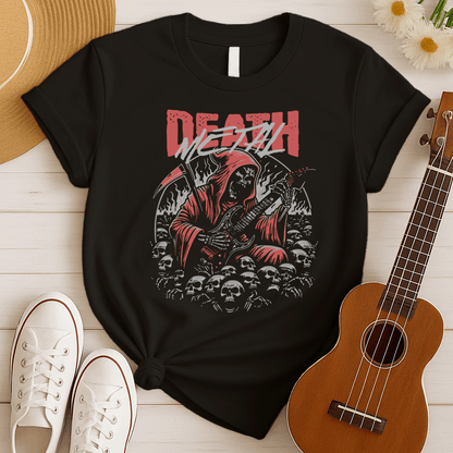 A black background features the distressed red text "DEATH" at the top, with "METAL" in distressed light grey below it. The main image is a detailed illustration of a skeletal Grim Reaper figure in a flowing red hooded robe, holding a large scythe in its left hand and aggressively playing a black electric guitar in its right. The figure is surrounded by many light grey human skulls and ghostly white/grey flames or smoke effects. The design embodies death metal music, dark themes, and guitar performance.