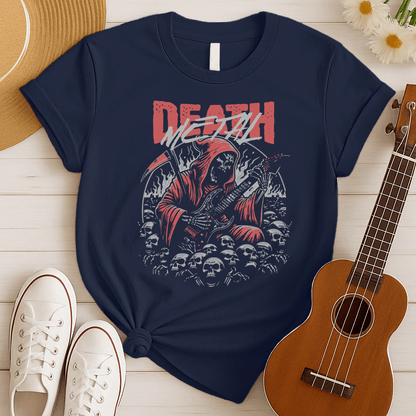 A black background features the distressed red text "DEATH" at the top, with "METAL" in distressed light grey below it. The main image is a detailed illustration of a skeletal Grim Reaper figure in a flowing red hooded robe, holding a large scythe in its left hand and aggressively playing a black electric guitar in its right. The figure is surrounded by many light grey human skulls and ghostly white/grey flames or smoke effects. The design embodies death metal music, dark themes, and guitar performance.