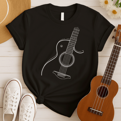 A black background features a clean, white outline illustration of an acoustic guitar. The guitar is angled, showing its body, circular soundhole, strings extending along the fretboard, and tuning pegs. The design is a minimalist representation of a classic stringed instrument.