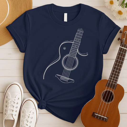 A black background features a clean, white outline illustration of an acoustic guitar. The guitar is angled, showing its body, circular soundhole, strings extending along the fretboard, and tuning pegs. The design is a minimalist representation of a classic stringed instrument.