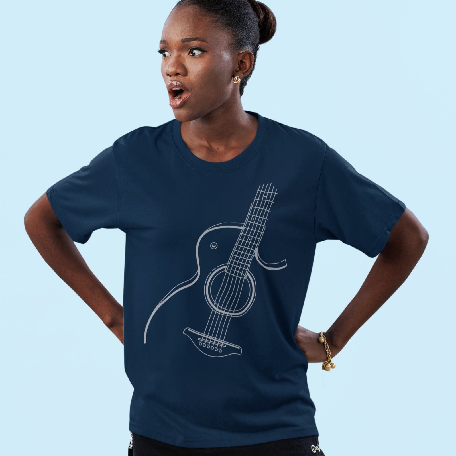 A black background features a clean, white outline illustration of an acoustic guitar. The guitar is angled, showing its body, circular soundhole, strings extending along the fretboard, and tuning pegs. The design is a minimalist representation of a classic stringed instrument.