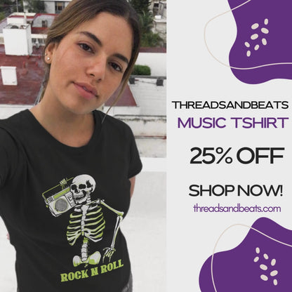 A striking graphic design features a full skeleton, rendered in white with a vibrant lime green glow on its bones, posed in a dynamic, walking stance. The skeleton holds a detailed, white outline of a retro boombox over its right shoulder. Below the skeleton, the bold, lime green text "ROCK N ROLL" is prominently displayed, creating a cool, energetic, and slightly spooky tribute to classic music.