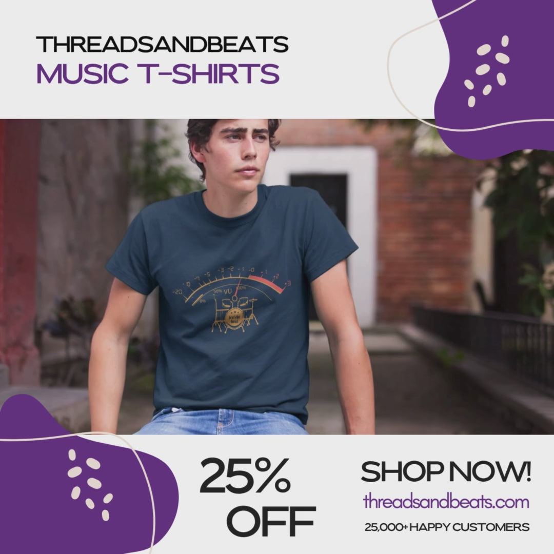 An audio meter graphic with an orange arc and numerical values for decibels. A red needle points into the red zone, indicating high volume. Below the meter, a silhouette of a drum kit is visible, with the text "feel the beat" on the bass drum. This drummer-themed design is perfect for percussionists, audio engineers, and music lovers who appreciate strong beats and loud sound.
