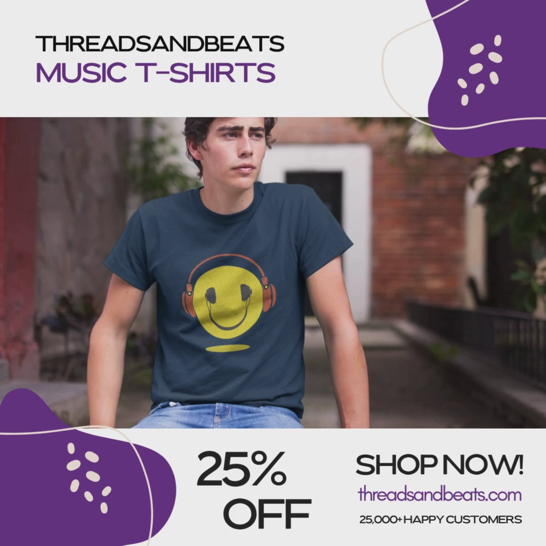A bold and expressive graphic features a textured, distressed yellow smiley face with a prominent black smile and eyes. Large, rustic orange over-ear headphones, also with a distressed texture, are worn on top of the smiley face. The entire design creates a lively and vintage-inspired image that conveys happiness and a love for music.