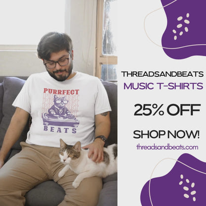 Stylized graphic of a cool purple cat wearing sunglasses and a suit jacket, confidently scratching on a large DJ turntable. Red text repeats "PURRFECT" in the background, and large purple text below reads "BEATS". The design embodies DJ culture, electronic music, and a humorous feline twist, ideal for DJs, cat lovers, and music enthusiasts.
